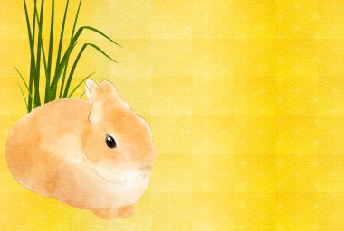 Tavşan 2023 yılı için Japon tarzı yeni yıl kartı, suluboya tavşan ve altın yapraklı arka plan.