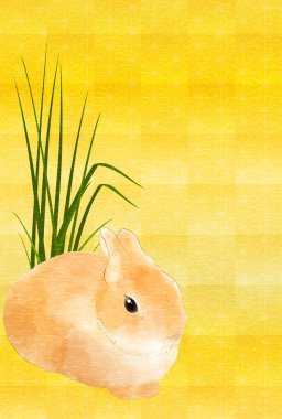 Tavşan 2023 yılı için Japon tarzı yeni yıl kartı, suluboya tavşan ve altın yapraklı arka plan.