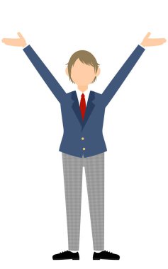 Cinsiyetsiz, ceketsiz, kollarını açmış selam veren bir jest.