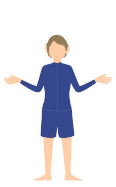 Cinsiyetsiz öğrenci, cinsiyetsiz mayo giymiş, kollarını açmış jestler yapıyor..