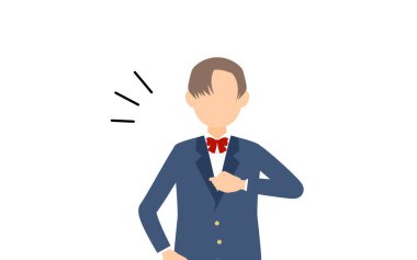 Cinsiyetsiz, spor ceketli, kendine güvenen göğsüne dokunan.