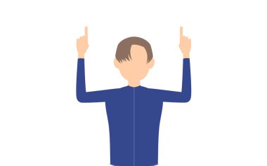 Cinsiyetsiz mayo giymiş, cinsiyetsiz bir öğrenci iki eliyle işaret ediyor.