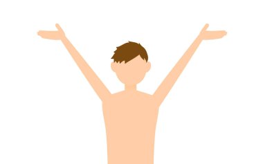 Erkek öğrenci, mayo giymiş, kollarını açmış selam veriyor.