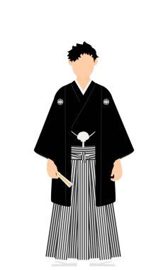 Kimonolu bir adam, ibikli hakama giyiyor, bir hayranla poz veriyor.