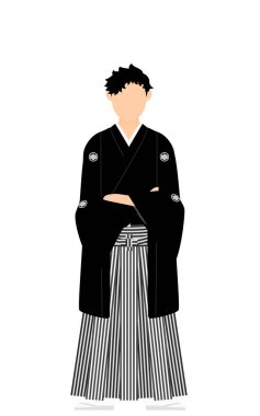 Kimonolu bir adam, ibikli hakama takıyor, kollarını kavuşturuyor.