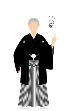 Kimono giyen, ibikli bir hakama giyen kıdemli bir adam, cesur bir poz verir.