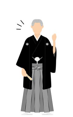 Kimono 'da kıdemli bir adam, ibikli hakama takıyor, danışmanlık yapıyor.