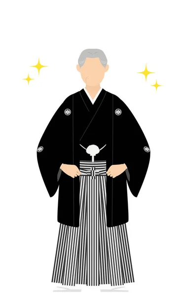 Een Oudere Man Kimono Met Een Kuifvormige Hakama Handen Heupen — Stockvector