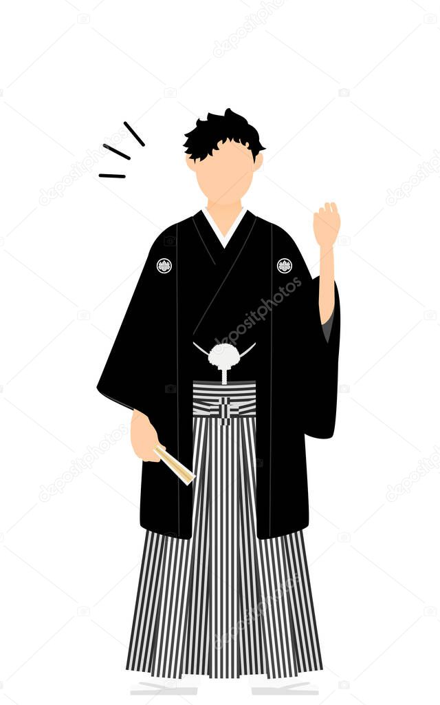 A man in kimono, wearing a crested hakama, strike a pose of guts