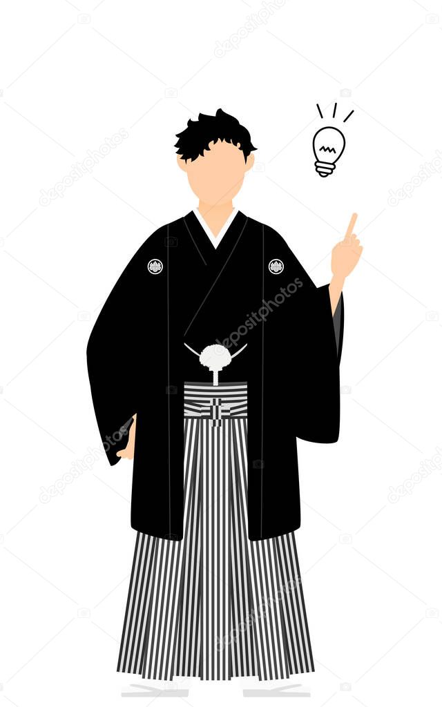 A man in kimono, wearing a crested hakama, Pointing and advising