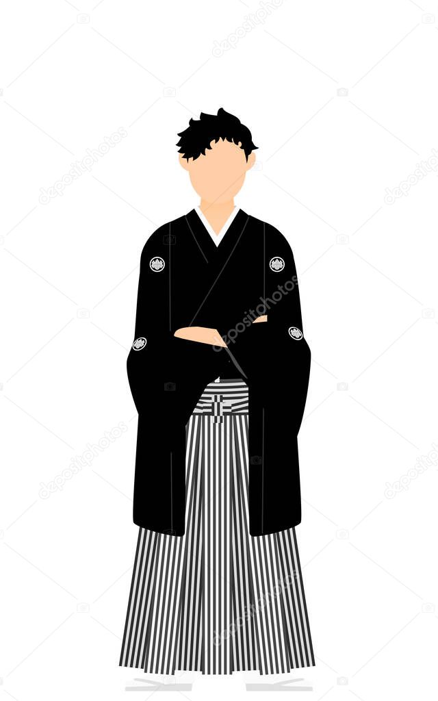 A man in kimono, wearing a crested hakama, fold one's arms