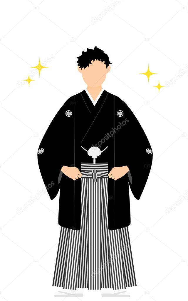 A man in kimono, wearing a crested hakama, Pose with hands on hips (with glitter)