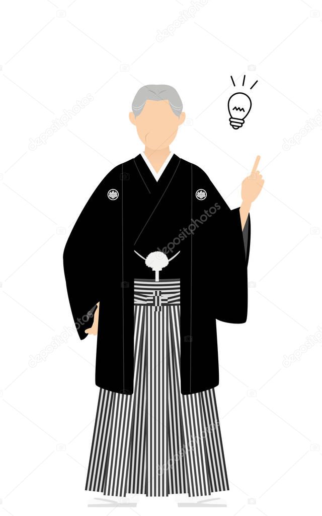 A senior man in kimono, wearing a crested hakama, strike a pose of guts
