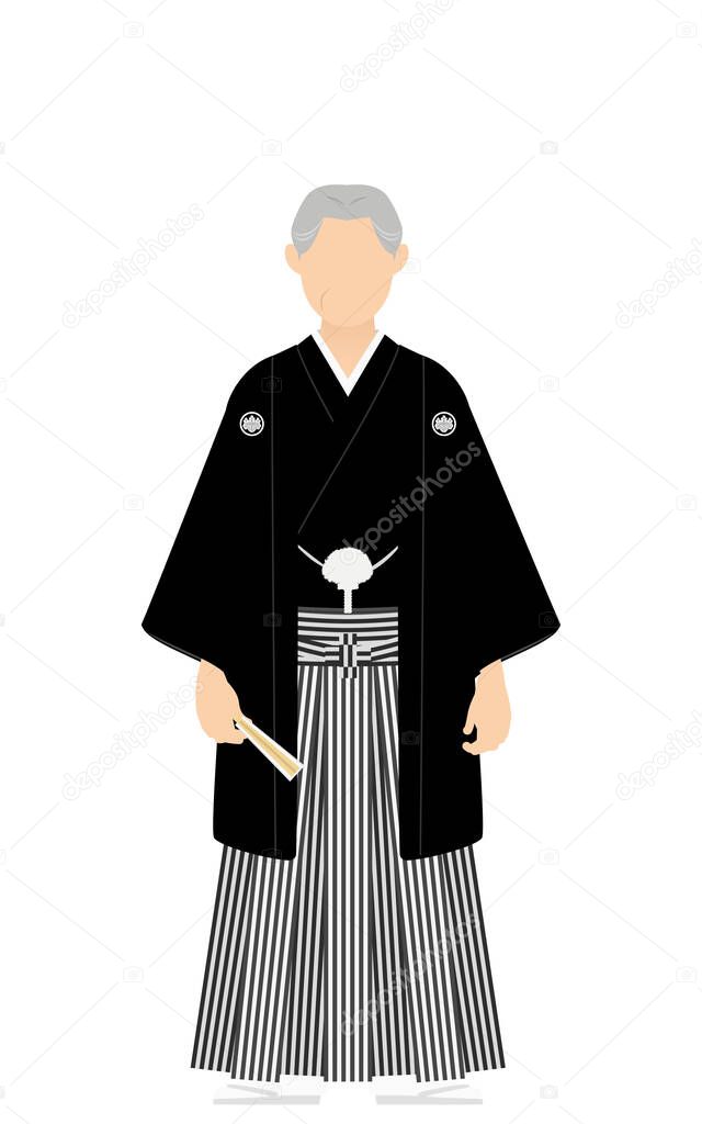 A senior man in kimono, wearing a crested hakama, Pose with a fan