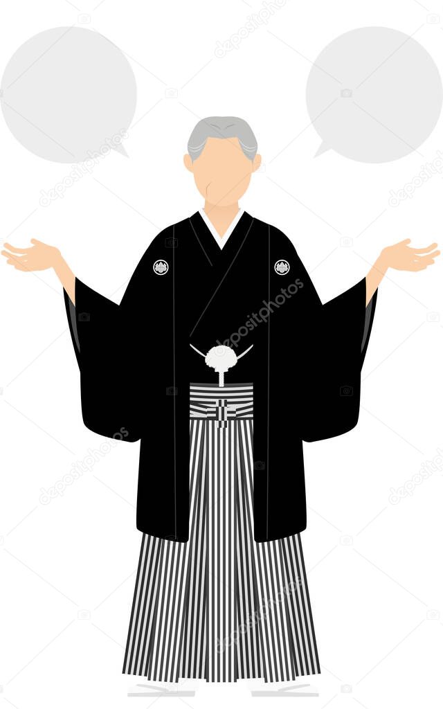 A senior man in kimono, wearing a crested hakama, Speak with open arms (with speech balloon)