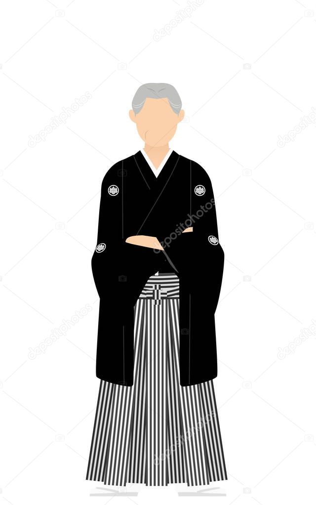 A senior man in kimono, wearing a crested hakama, fold one's arms