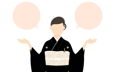 Kurotomesode, kimono giyimli, poz vermiş, kollarını aç (konuşma balonu ile))