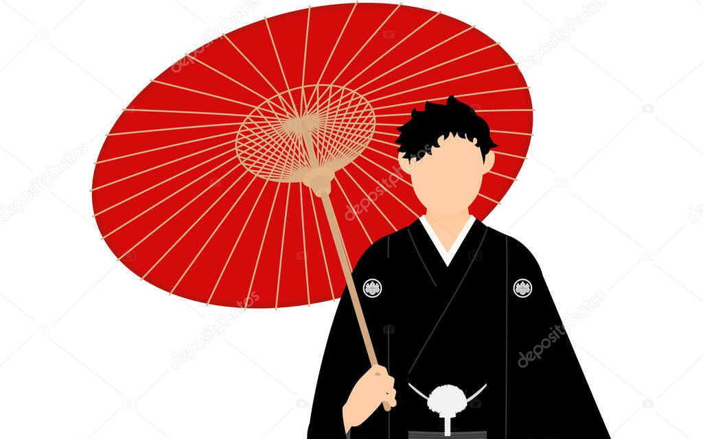 A man in kimono, wearing a crested hakama, Posing with an umbrella