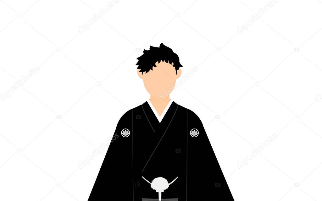 Man in kimono with crested hakama, upper body frontal view