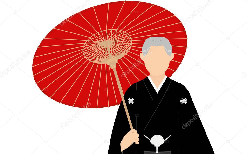A senior man in kimono, wearing a crested hakama, Posing with an umbrella