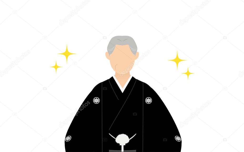 Senior male in kimono with crested hakama, frontal view of upper body (with glitter)