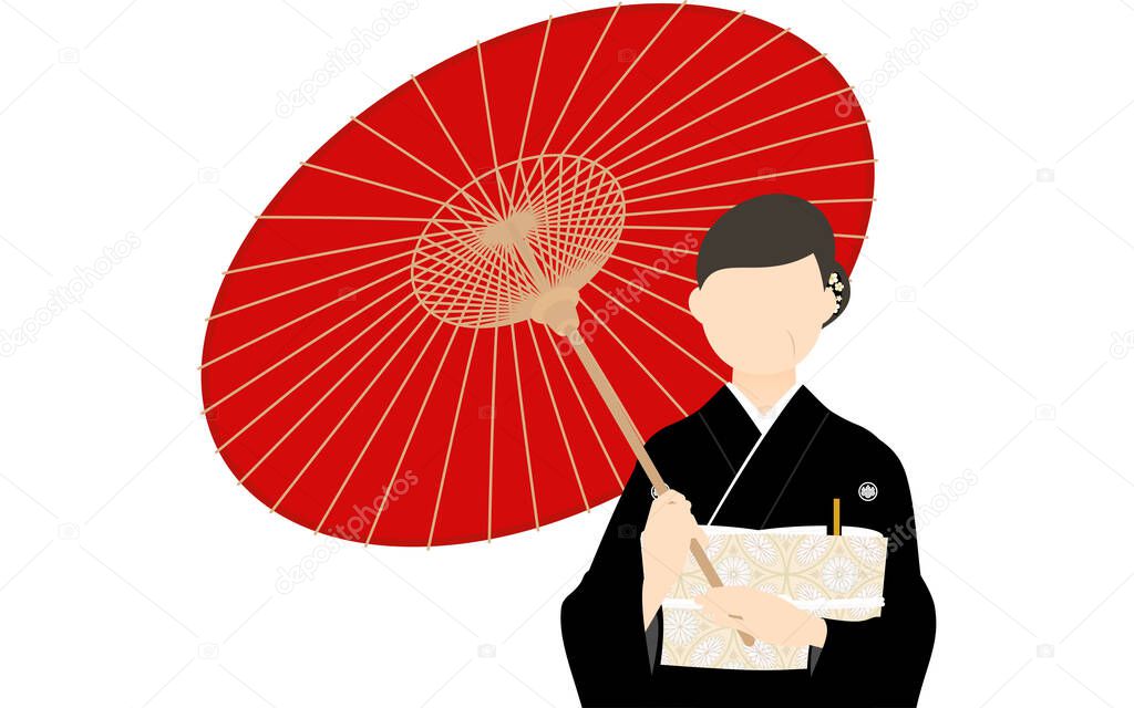 Senior woman in kurotomesode, kimono-clad, posed setstand under an umbrella
