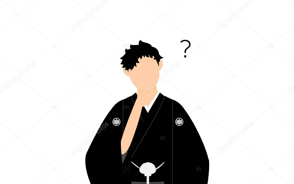 A man in kimono, wearing a crested hakama, Have doubts