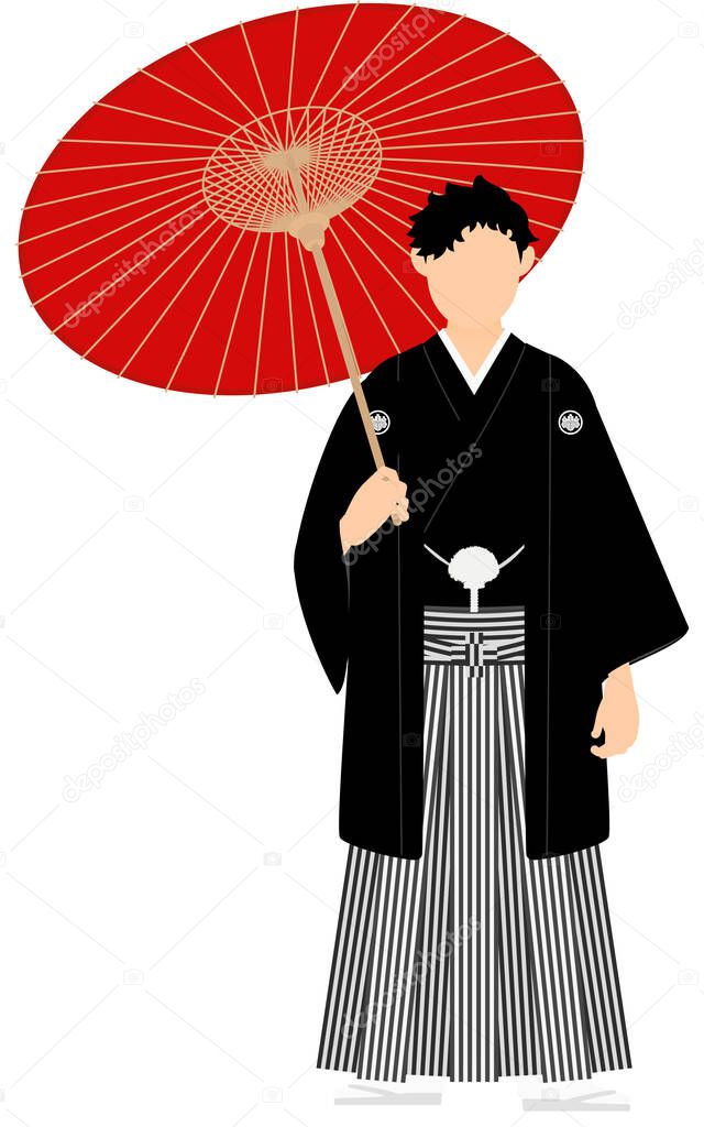 A man in kimono, wearing a crested hakama, Posing with an umbrella