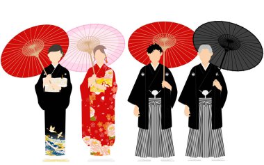 Family members in kimono with Japanese umbrellas, crested hakama and furisode, black tomesode clipart