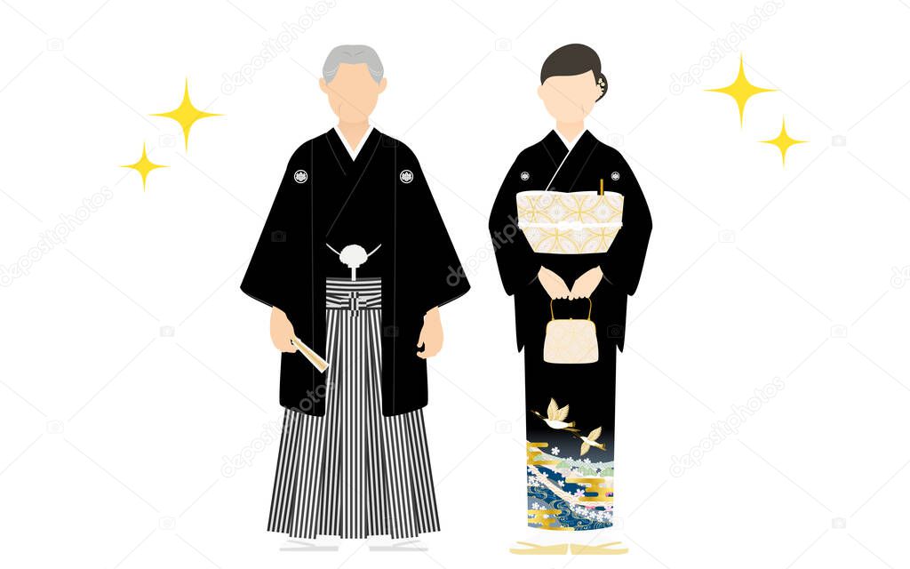 Senior couple in montsuki hakama and black tomesode, parents attending the wedding in kimono.