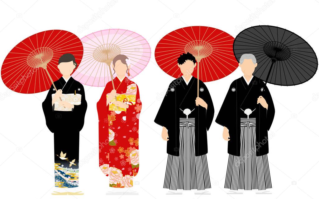 Family members in kimono with Japanese umbrellas, crested hakama and furisode, black tomesode