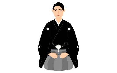 Yeni yılı selamlayan adam, kimono giymiş (montsuki hakama))