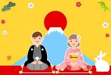 Tavşan Yeni Yıl Kartı 2023 Kimono ve Tavşan Kız, Fuji Dağı 'nın arka planı..