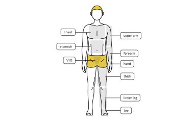 Men's hair removal, full body (front) area guide, underwear