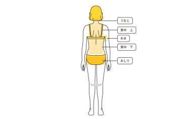 Female Hair Removal Illustration Full body from behind - Translation: nape of the neck, upper back, armpit, lower back, buttocks