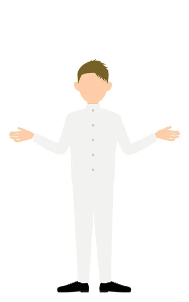 Boy Wearing White School Uniform Gestures Outstretched Arms — Vector de stock