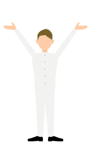 Boy Wearing White School Uniform Pose Outstretched Hands Raised — Vector de stock
