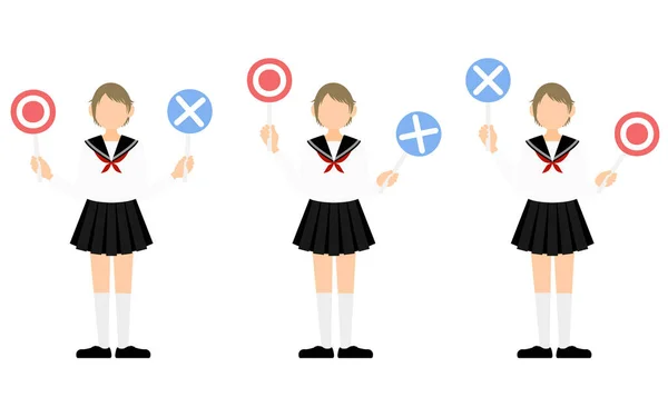 Set Female Student White Sailor Uniform Answering Question Marubatsu Stick — Vector de stock