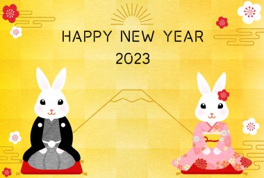 Japanese-style New Year's card for the year of the Rabbit 2023, Kimono rabbit, Mt. Fuji and gold leaf background