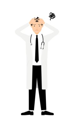 Beyaz önlüklü erkek doktor. Kafa tutuyor ve şaşırtıcı.