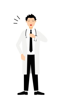 Beyaz önlüklü erkek doktor göğsünü alkışlıyor, güvenlik ve güven pozu veriyor.