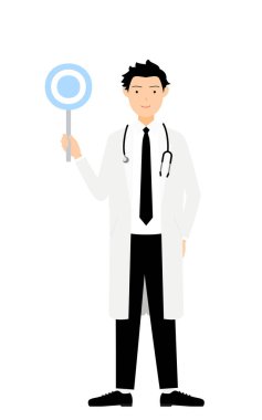 Beyaz önlüklü erkek doktor çember çubuğu tutuyor. Aynı pozda.