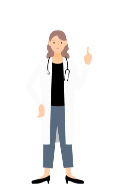 Beyaz önlüklü kadın doktor işaret parmağıyla işaret ediyor.