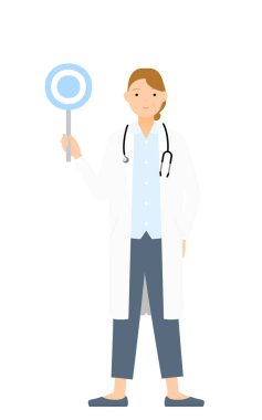 Beyaz önlüklü kıdemli bayan doktor elinde daire çubuğu, aynı pozda.