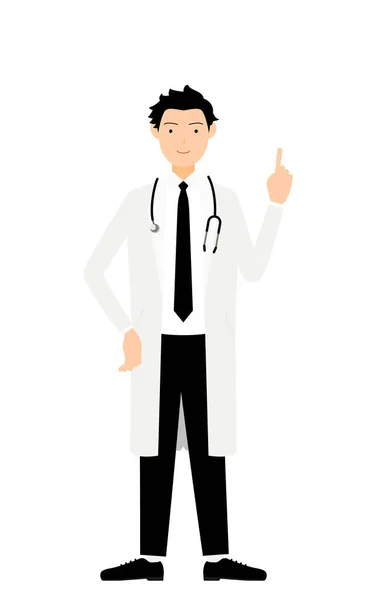 Beyaz Önlüklü Erkek Doktor Işaret Parmağıyla Poz Veriyor — Stok Vektör