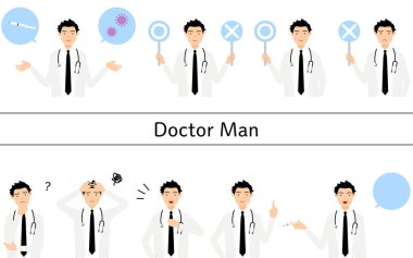 Beyaz önlüklü, sorgulayan, şaşırtan, işaret eden, enjekte eden erkek bir doktor..