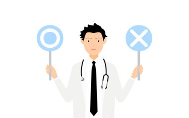 Beyaz önlüklü bir erkek doktor elinde tick-tock sopasıyla aynı pozu veriyor.