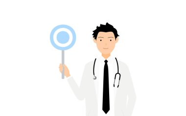 Beyaz önlüklü erkek doktor çember çubuğu tutuyor. Aynı pozda.