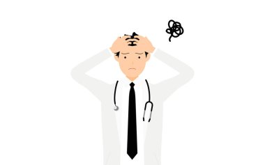 Beyaz önlüklü erkek doktor. Kafa tutuyor ve şaşırtıcı.