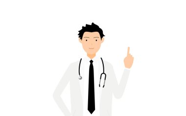 Beyaz önlüklü erkek doktor işaret parmağıyla poz veriyor.